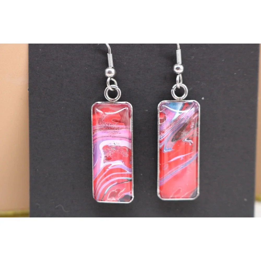 Handmade Earrings-Stainless Steel-Glass-Paint Drip-Paint Pour-Fluid Art